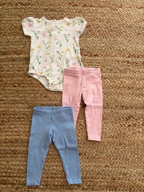Little English baby girl floral print onesie and pink blue leggings, size 6M